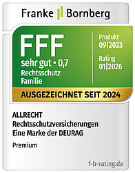 Privat-Rechtsschutz Familie, Produktlinie Premium, Rating 01/2026 - SEHR GUT FFF Franke und Bornberg Rating Rechtsschutzversicherung